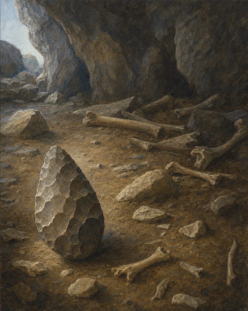 A gruta não era um túmulo. À volta do crânio apareceram machados de mão acheulenses, o utensílio de pedra talhada daquela era, e uma abundância de ossos de animais: era um lugar onde se vivia. Ilustração.