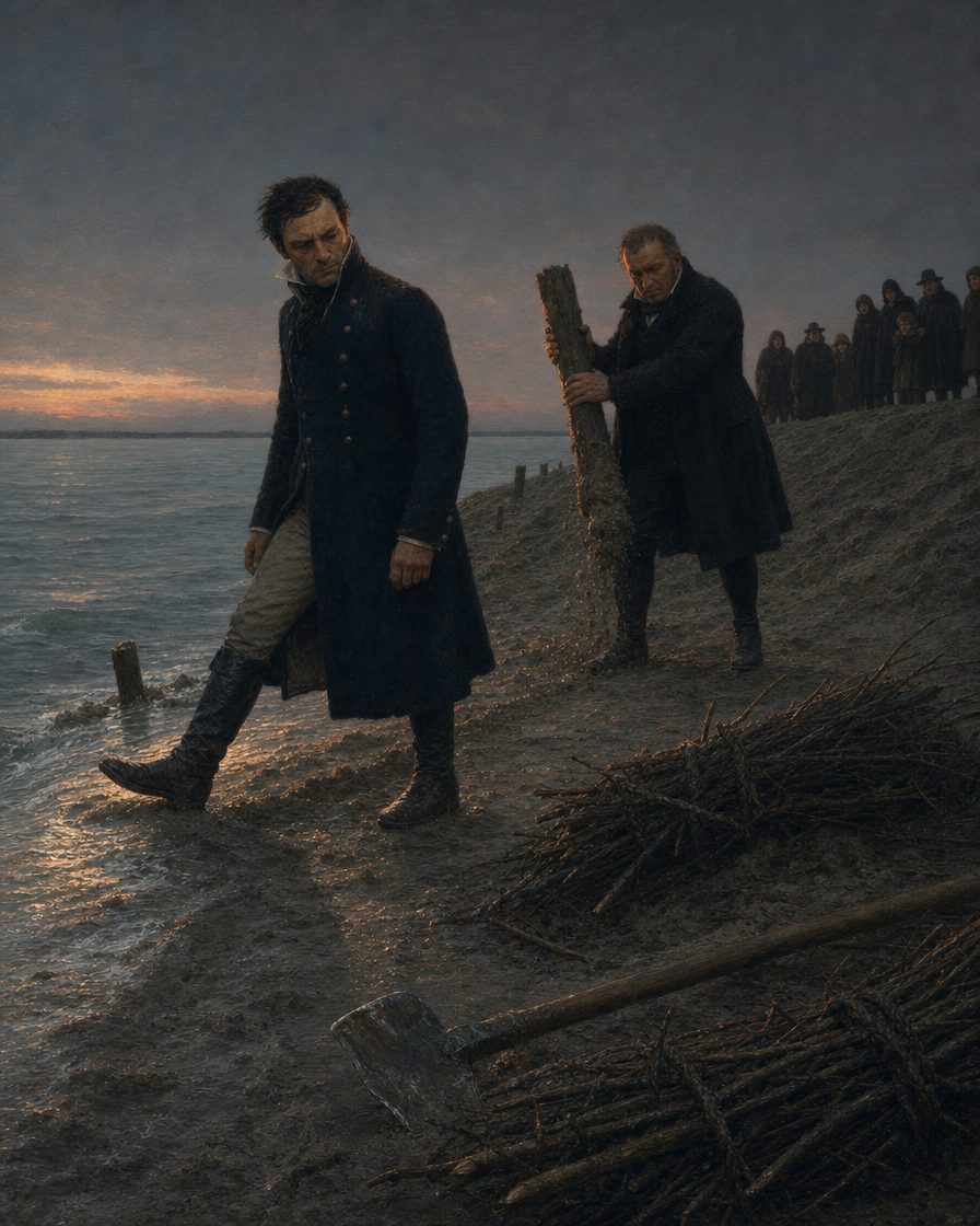 Sete da noite de 3 de abril de 1808, na restinga: o engenheiro e o desembargador Verney, que arrancou com as próprias mãos as estacas que seguravam a areia. Ao fundo, na duna, o povo que acorrera todo o dia a ver, e que a hora tardia queria proteger. Pintura. as figuras são evocações de época, não retratos.
