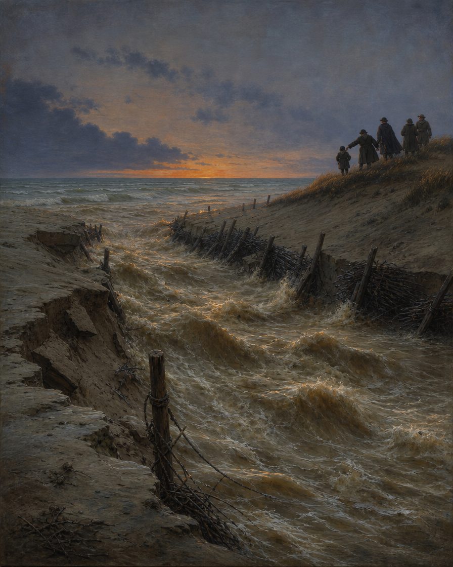 A abertura rompeu «como tiro de pólvora», e a torrente saiu arrastando massas enormes de areia. A hora tardia foi escolhida de propósito, «para evitar que perecesse alguma parte do povo». E ainda assim ficaram pessoas a ver. Pintura.