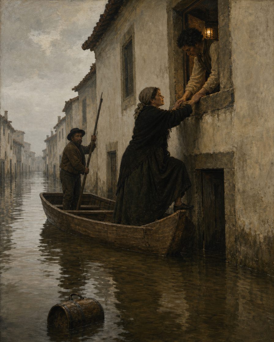 No bairro baixo, no inverno de 1808, entrava-se em casa pelas janelas. Pintura.