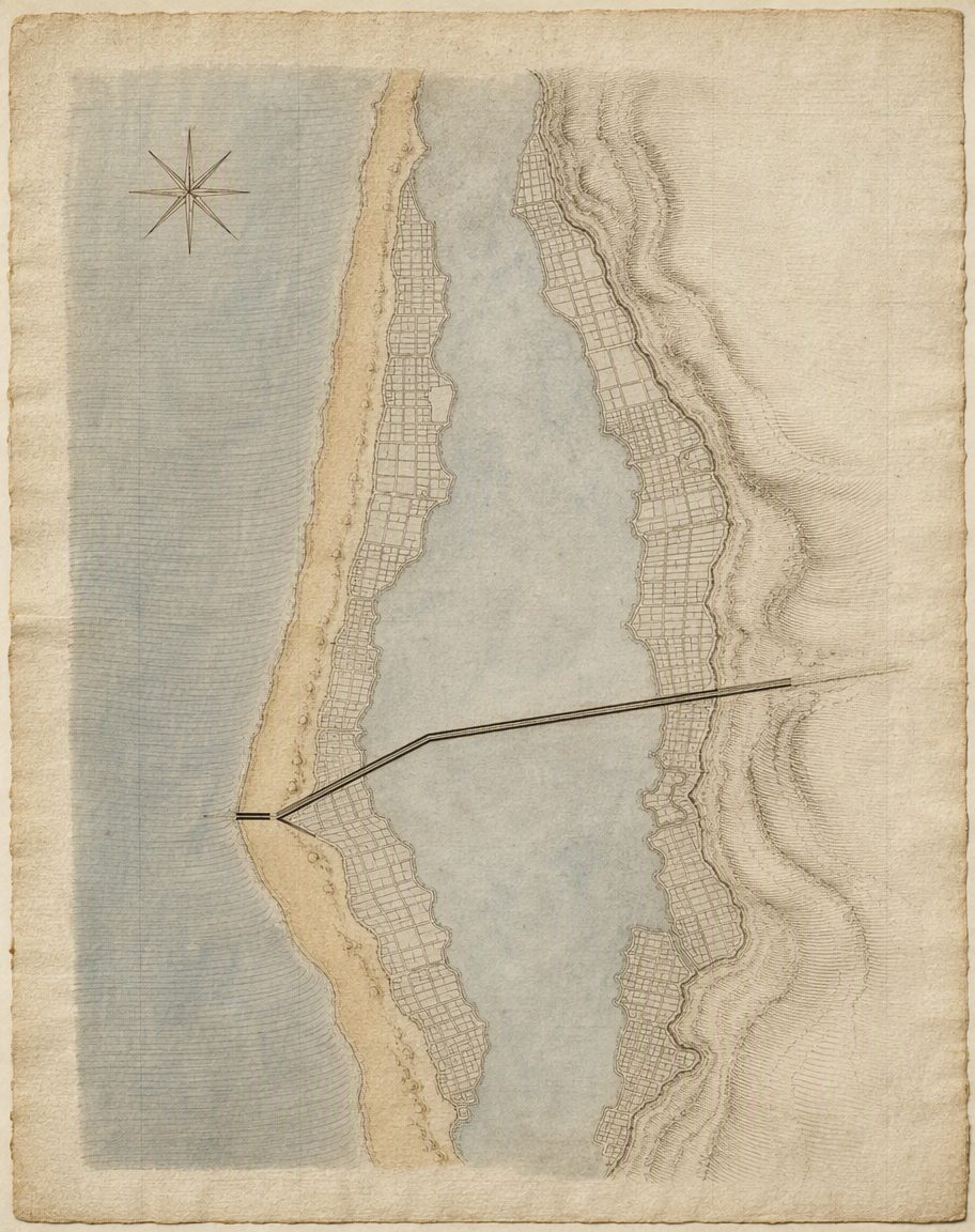 A ideia: um dique da Gafanha através da laguna inteira, para que toda a água represada carregasse contra um único ponto do cordão de areia. Esquema pintado a partir da descrição documental — não é a reprodução do plano original de 1802.
