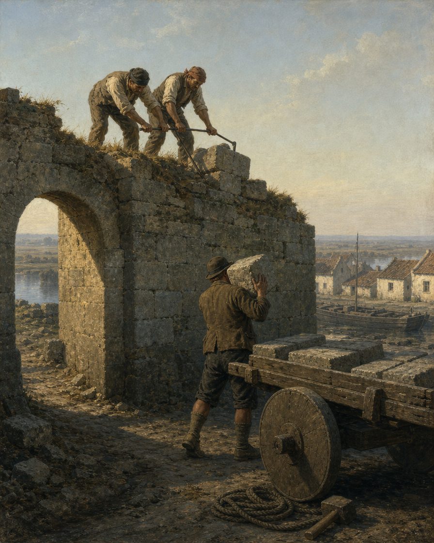 A muralha que o infante D. Pedro erguera a partir de 1418, já meio arruinada, desceu pedra a pedra para os molhes da barra nova. Pintura.