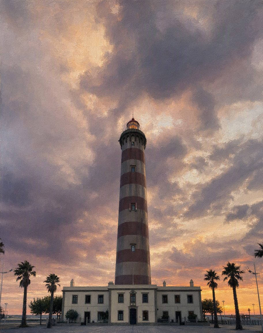 A foz hoje, no sítio onde a barra foi aberta em 1808 e onde ficou. O farol é muito posterior: construído entre 1885 e 1893. Pintura a partir de uma fotografia real do local (foto: TiagoHeavydrums, Wikimedia Commons, CC BY-SA 4.0).
