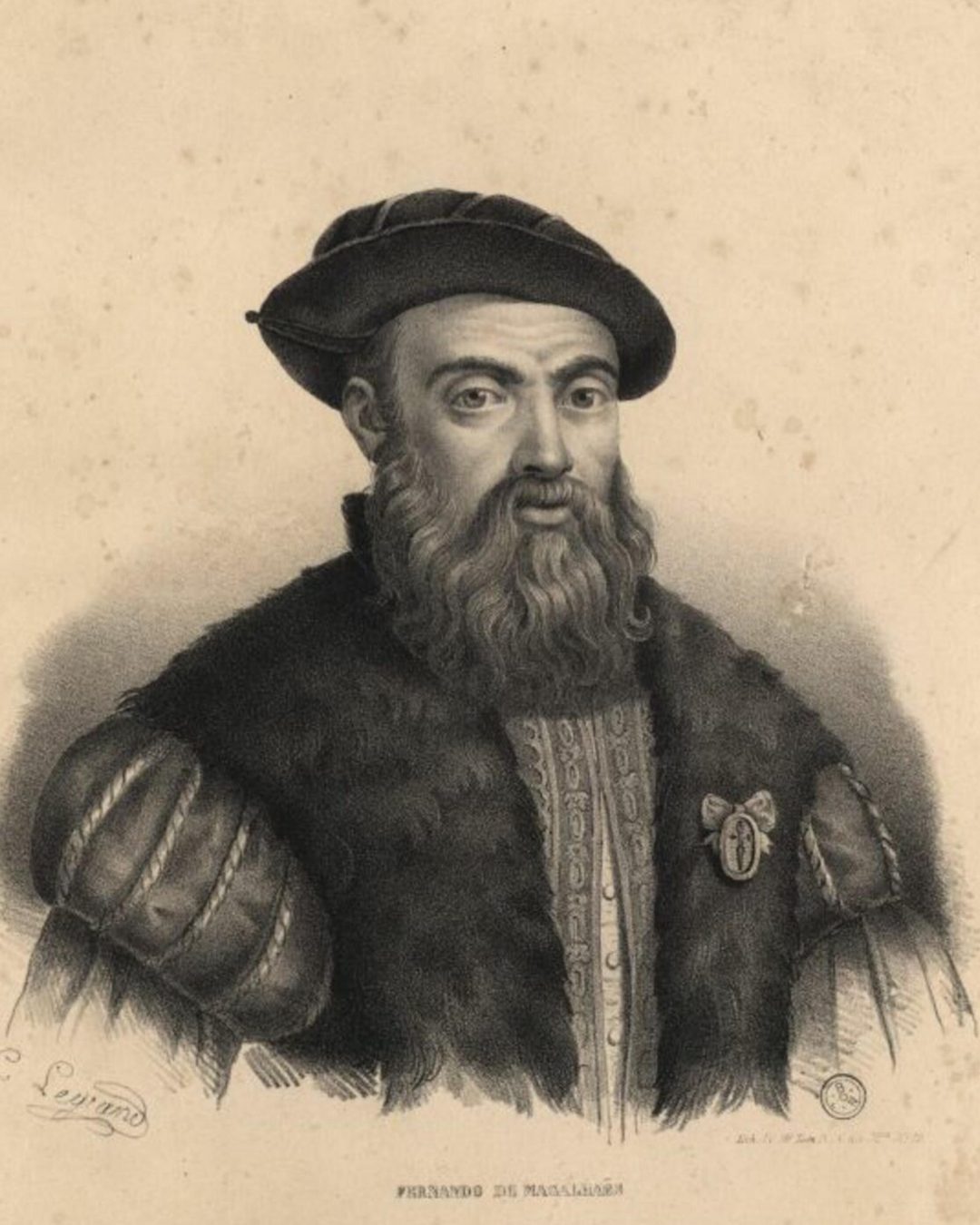 «Fernando de Magalhães», litografia de C. Legrand, 1841: retrato imaginado do navegador, feito três séculos depois da sua morte (Biblioteca Nacional de Portugal, domínio público).