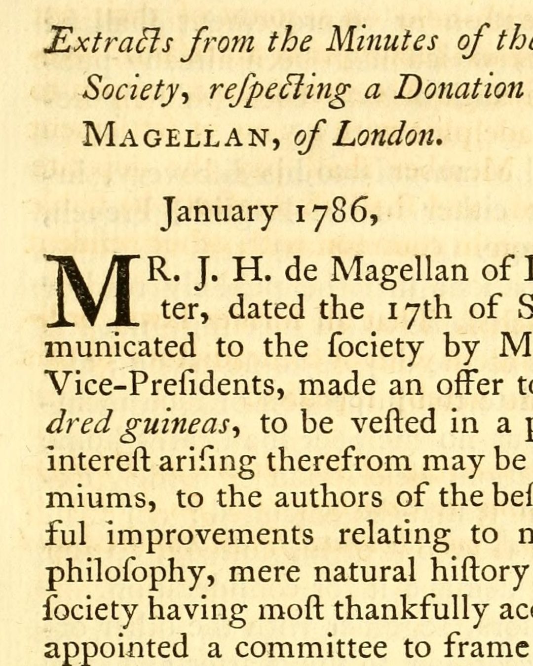 As atas da Sociedade Filosófica Americana, impressas em 1786, sobre a doação «proposed by Mr. J. H. de Magellan, of London» (Transactions of the American Philosophical Society, vol. 2, Filadélfia, 1786, via Internet Archive; domínio público).