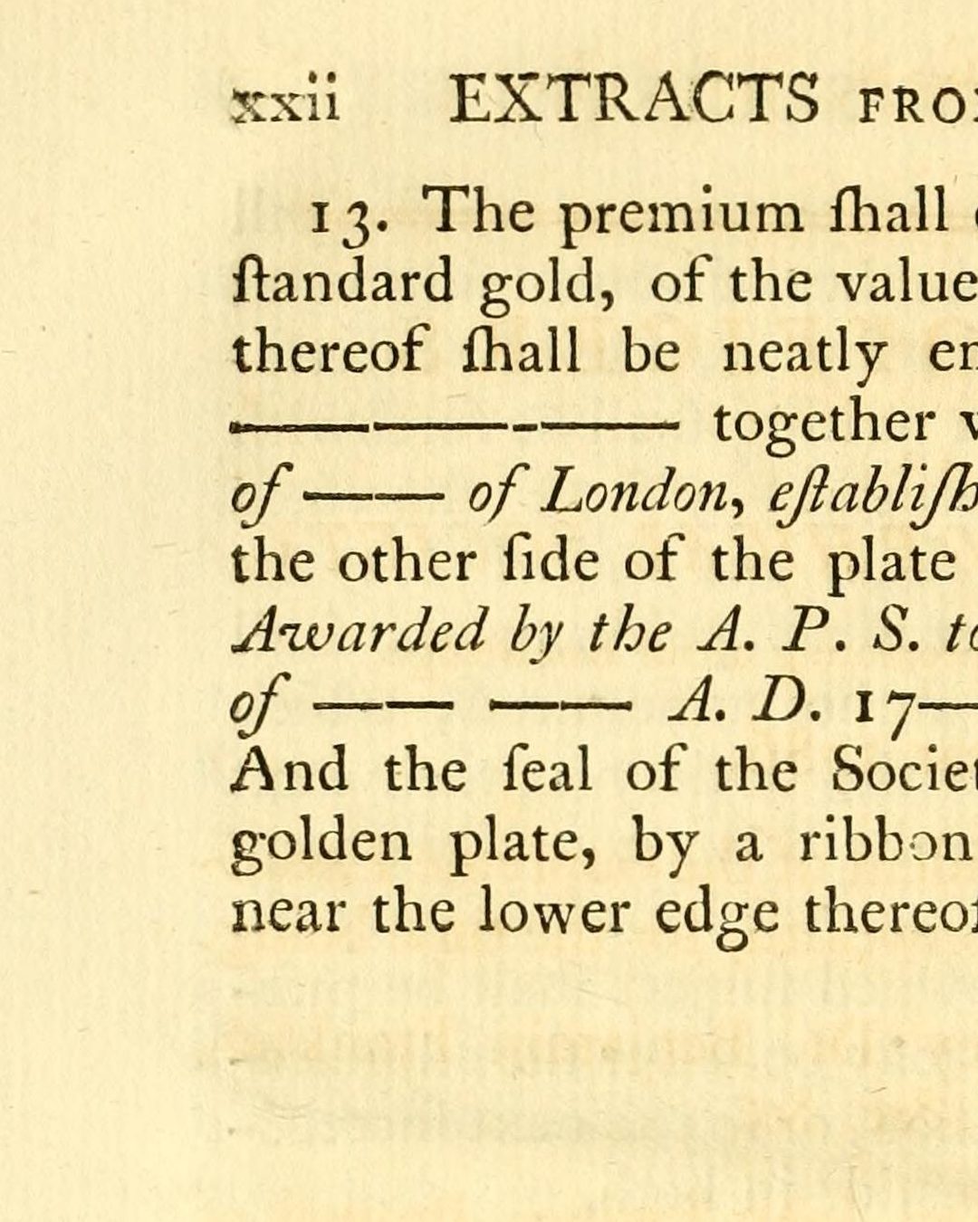 A regra 13, impressa em 1786: na frase destinada à medalha, depois de «The donation of», o nome do doador é um traço, e a seguir vem «of London» (Transactions of the American Philosophical Society, vol. 2, Filadélfia, 1786, via Internet Archive; domínio público).