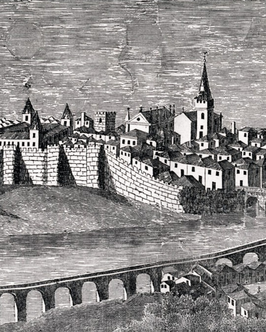 «Vista d'Aveiro», gravura publicada em O Panorama em 1843: Aveiro com as muralhas e o aqueduto, ambos demolidos na década de 1850 (via Wikimedia Commons; domínio público).
