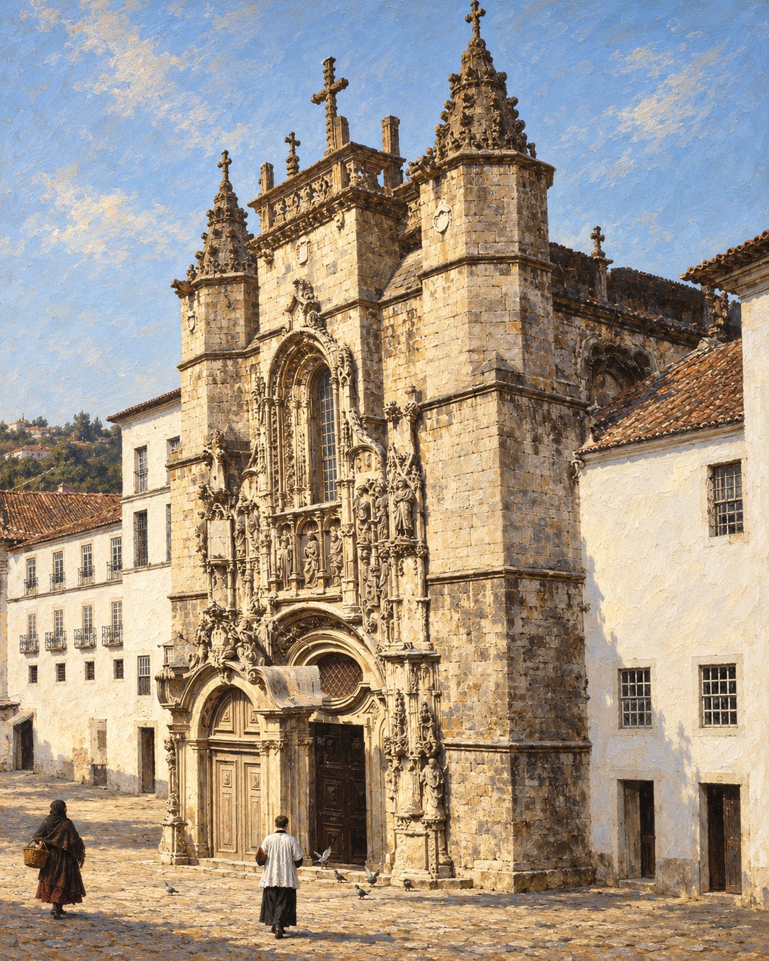 Pintura da fachada da igreja do mosteiro de Santa Cruz de Coimbra, a partir de uma fotografia de J. Laurent, do século XIX (Library of Congress, domínio público), com um jovem cónego à porta (figura genérica).