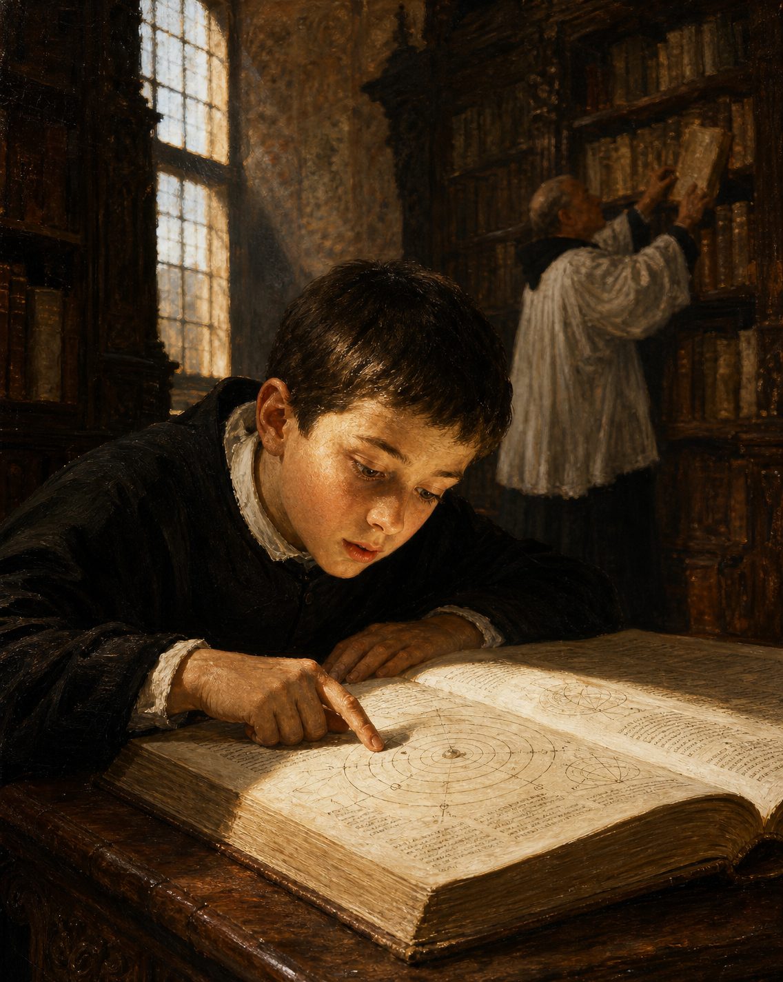 Evocação pintada de um rapaz numa biblioteca conventual de Coimbra, na década de 1730 (figura genérica).