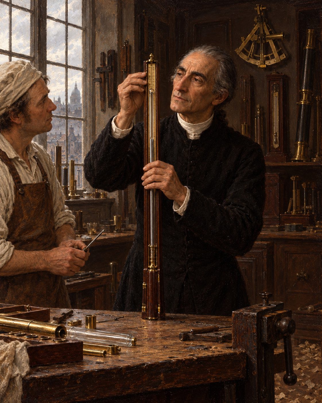 Evocação pintada de João Jacinto de Magalhães numa oficina de instrumentos de Londres, com um barómetro portátil (figuras imaginadas, não retratos).