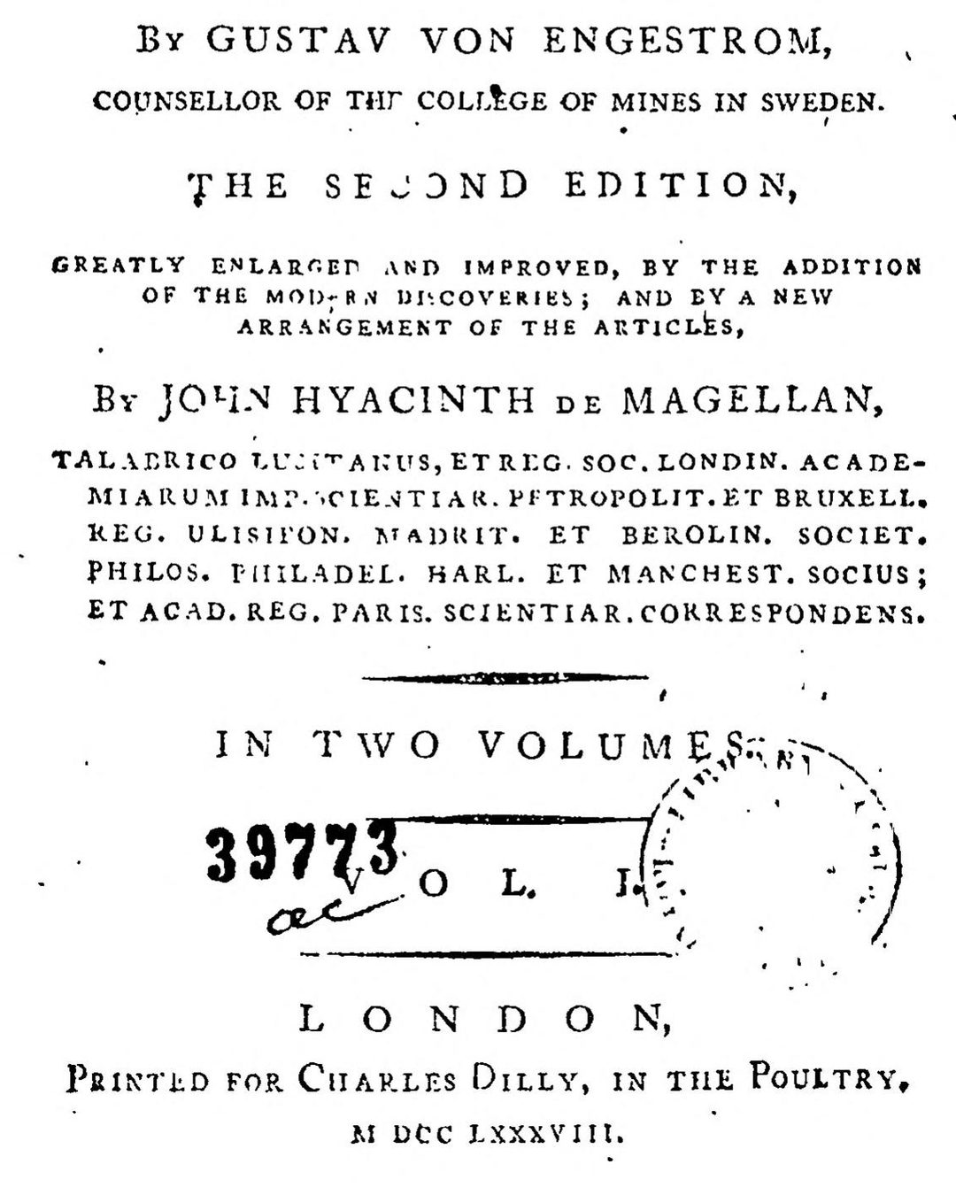 Folha de rosto da Mineralogia de Cronstedt na edição que preparou em Londres em 1788: «John Hyacinth de Magellan, Talabrico Lusitanus» (via Internet Archive; domínio público).