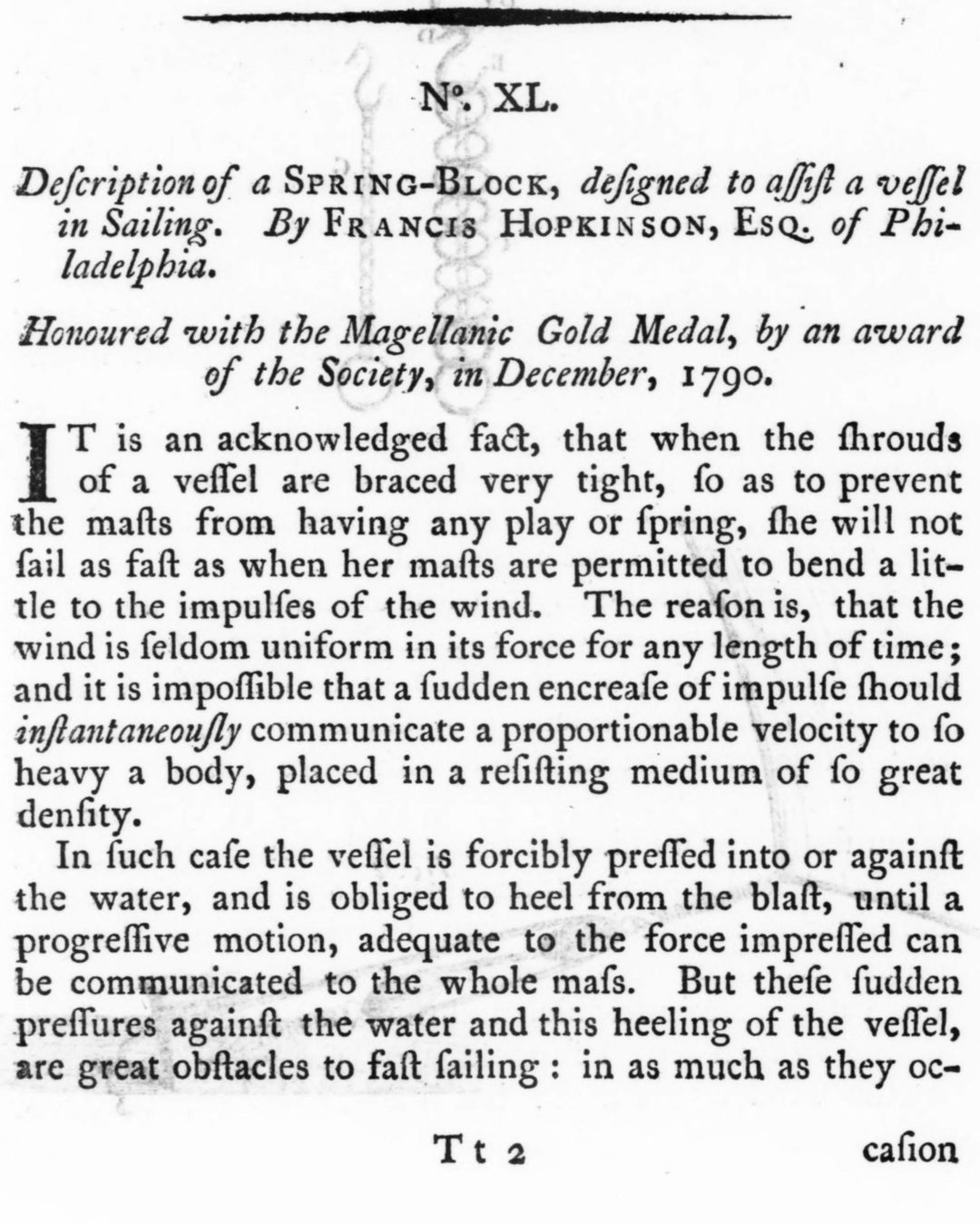 A memória de Francis Hopkinson, «Honoured with the Magellanic Gold Medal, by an award of the Society, in December, 1790»: a primeira medalha do prémio (Transactions of the American Philosophical Society, vol. 3, 1793, via Internet Archive; domínio público).