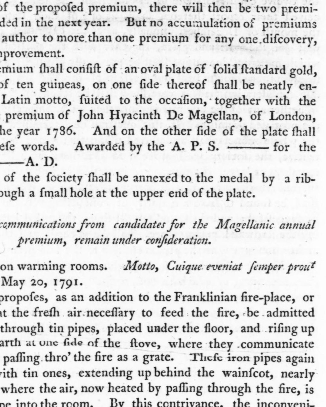 As regras impressas em 1793: onde em 1786 havia um traço, «The premium of John Hyacinth De Magellan, of London» (Transactions of the American Philosophical Society, vol. 3, 1793, via Internet Archive; domínio público).