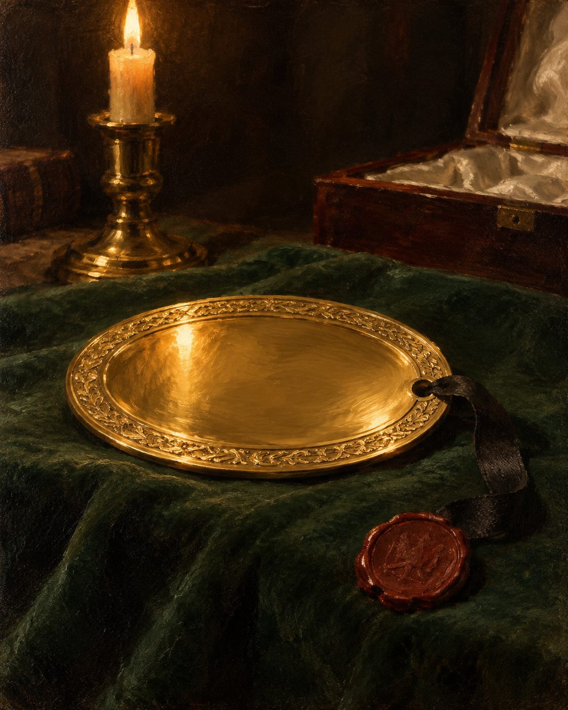 Evocação pintada da medalha do prémio, a placa oval de ouro maciço descrita nas regras; as palavras gravadas não se reproduzem.