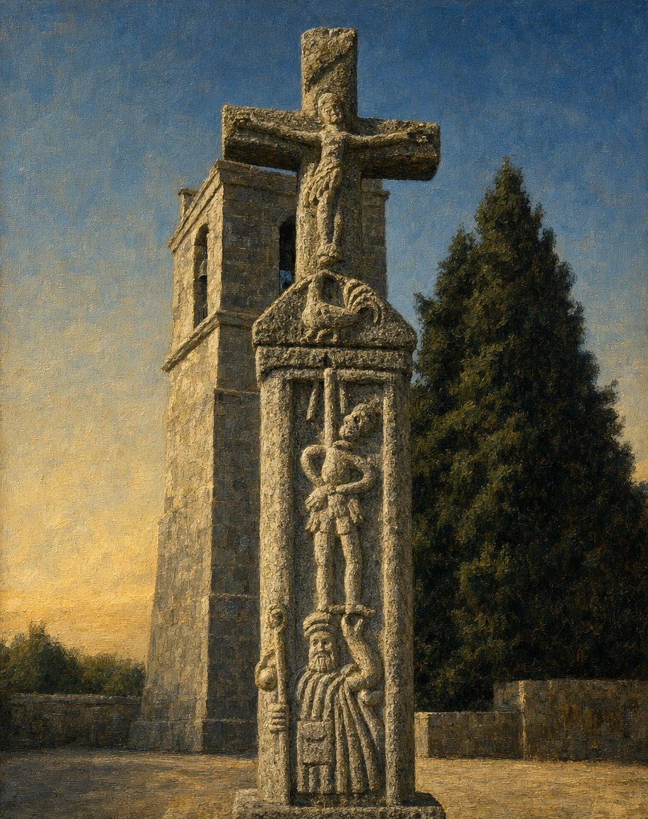 Pintura do Cruzeiro do Senhor do Galo, hoje no Museu Arqueológico de Barcelos: um homem pendurado numa corda bamba, um santo que lhe segura os pés e, por cima, um galo. A partir de uma fotografia real de Maragato1976 (CC BY-SA 4.0).