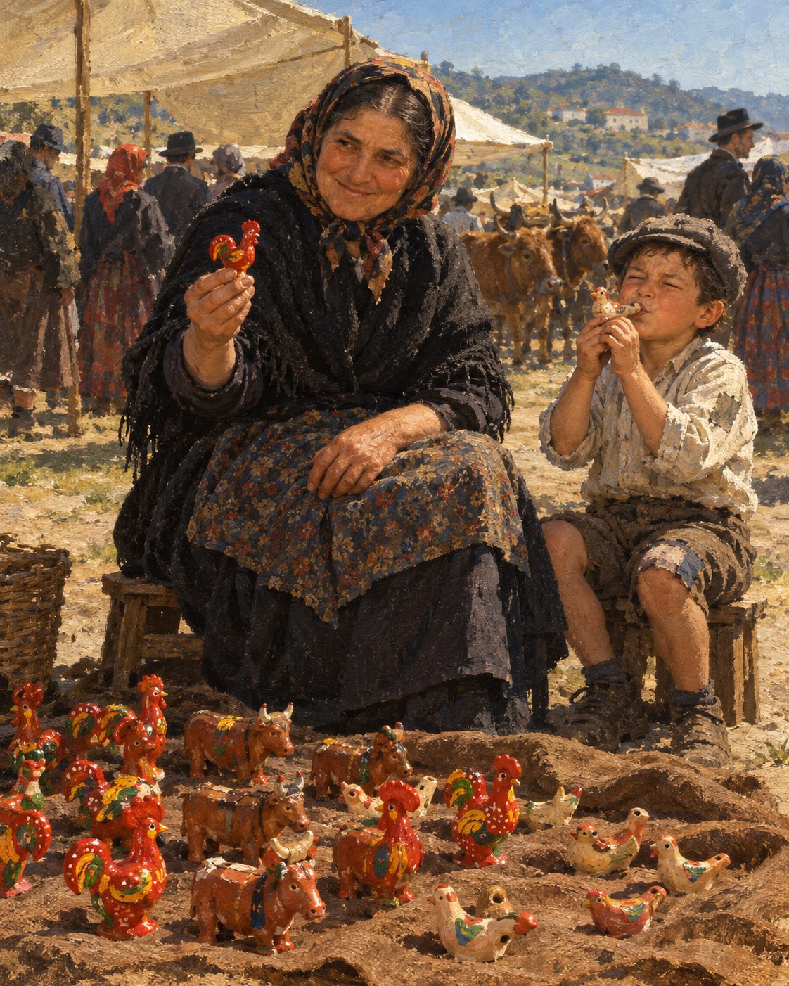 Evocação pintada de uma feira minhota: bonecos de barro, apitos e pequenos galos vermelhos, como os «galos vermelhos e primitivos» de que fala uma carta de 1931.