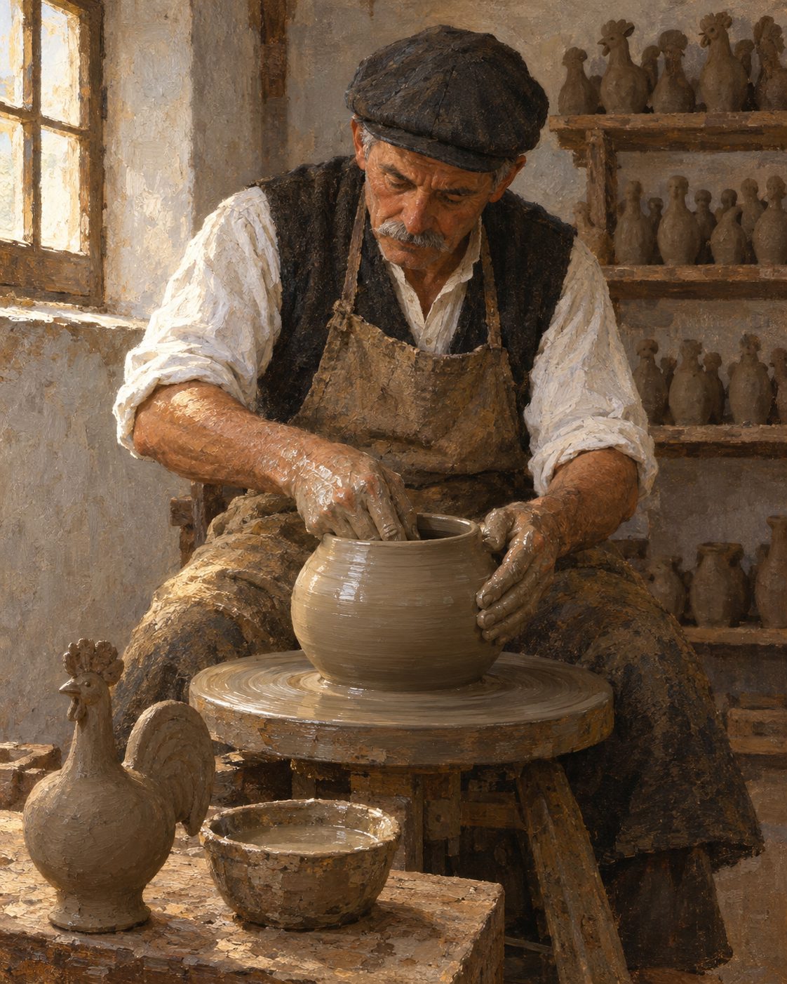 Evocação pintada de uma olaria de Galegos Santa Maria: um galo grande tinha de ser oco e tirado à roda de oleiro, porque o barro maciço estala no forno.