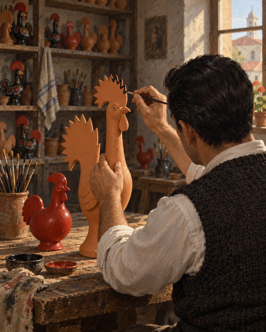 Evocação pintada do «moderno galo de Barcelos», mais esguio, de crista e cauda serrilhadas, que o Jornal de Barcelos, em novembro de 1957, atribuía ao pintor Gonçalves Torres.