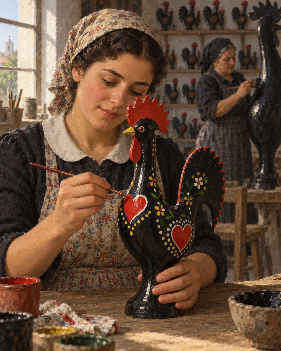 Evocação pintada de barristas a pintar galos de fundo negro e corações vermelhos, tirados dos bordados e da ourivesaria do Minho, na segunda metade dos anos cinquenta.