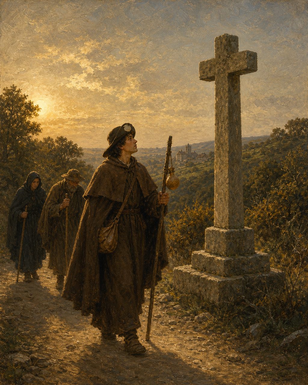 Evocação pintada de peregrinos no caminho de Santiago, por onde a história do peregrino enforcado e do galo que canta corria havia séculos.
