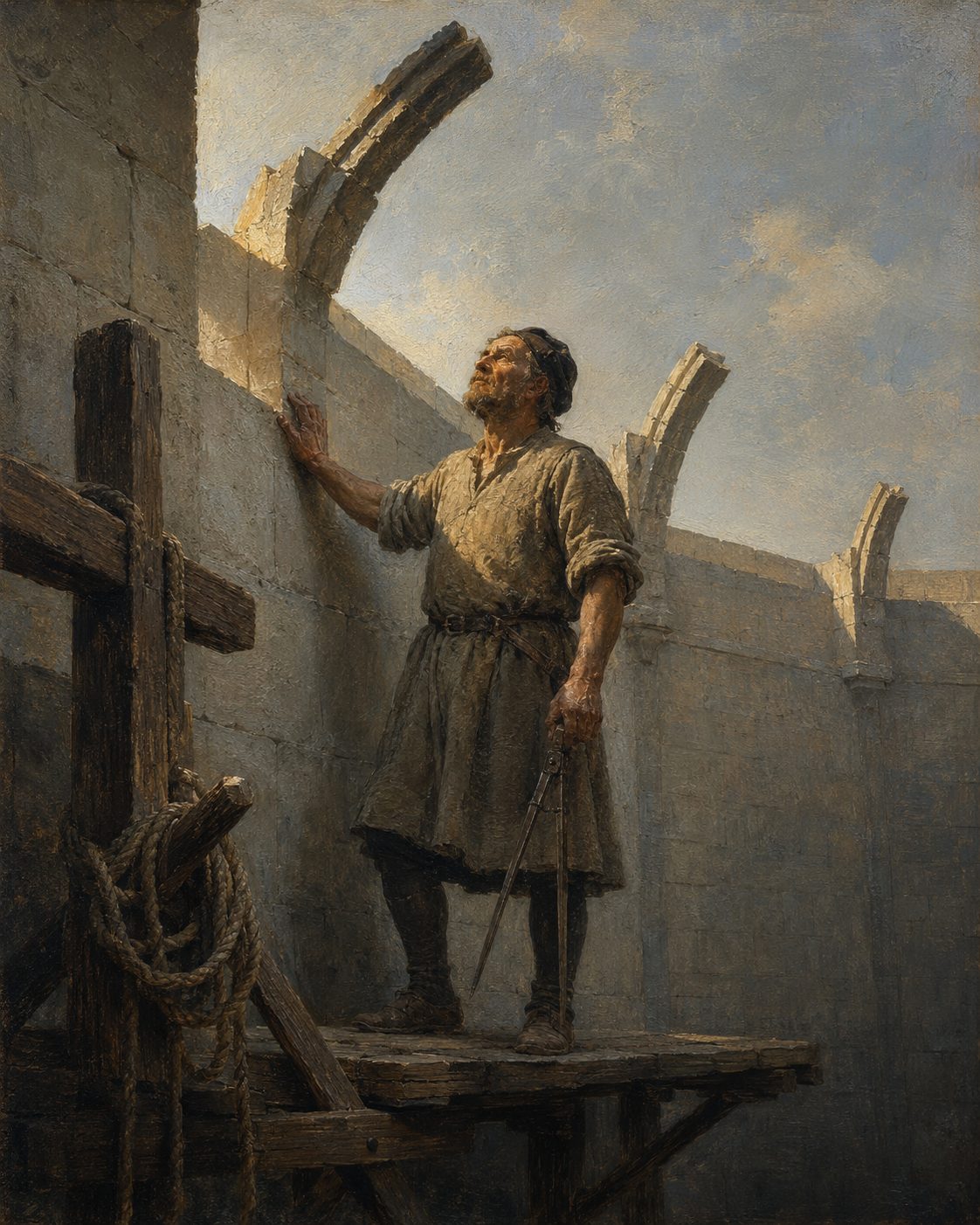Pintura do mestre pedreiro no alto do andaime, dentro do octógono a céu aberto. Os arranques das nervuras, cortados a meio contra o céu, mostram a abóbada que se projetou e nunca se fez. Figura genérica do ofício, não retrato.