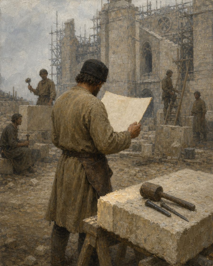 Pintura de um estaleiro de pedraria em 1480, o ano em que Mateus Fernandes é substituído à frente das obras por João Rodrigues. As causas do afastamento não são claras, e o documento não está reproduzido.