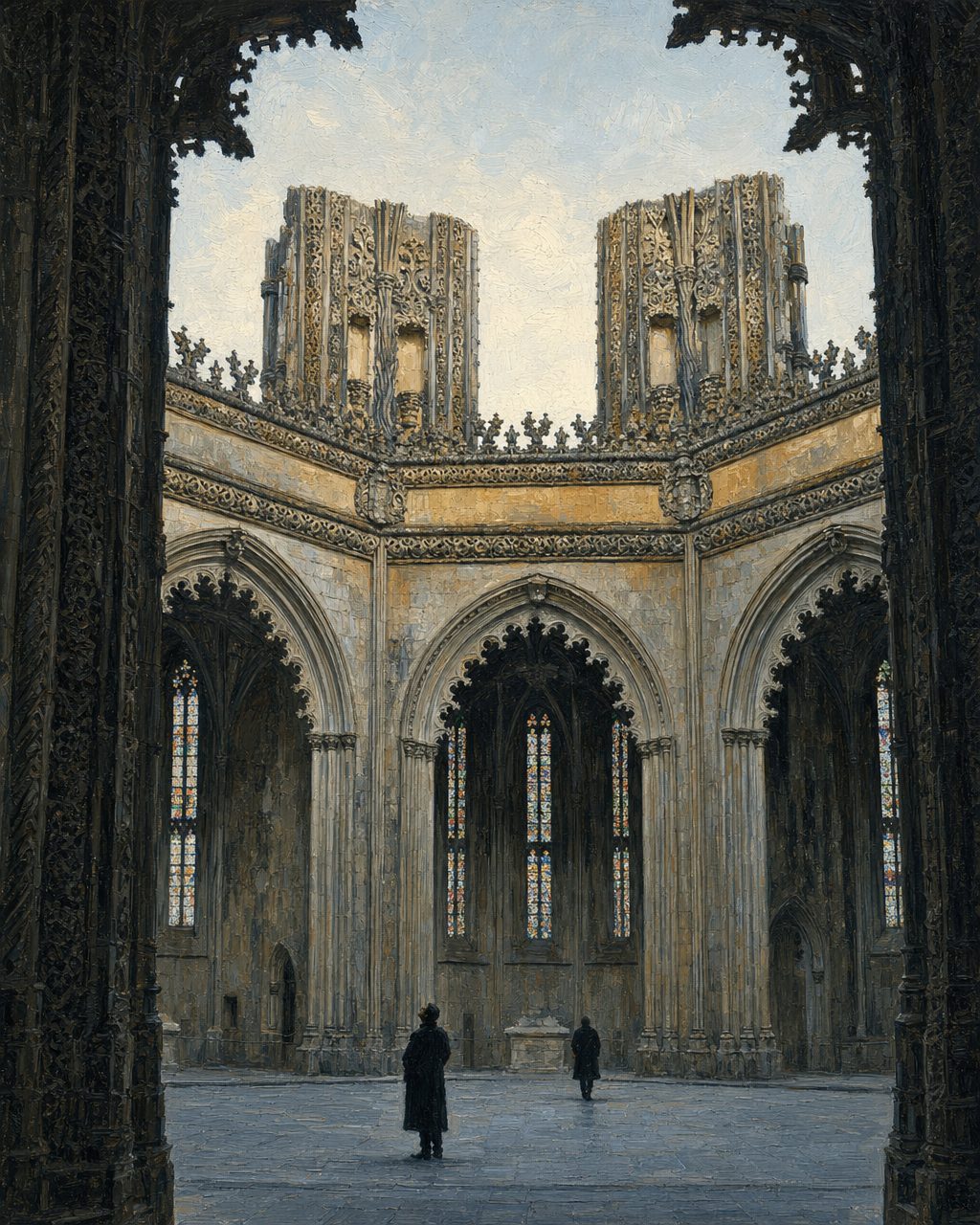 Pintura das Capelas Imperfeitas vistas de dentro do portal, a partir de uma fotografia real de Waugsberg (CC BY-SA 3.0). Os dois torreões ficaram truncados e o octógono nunca foi coberto.