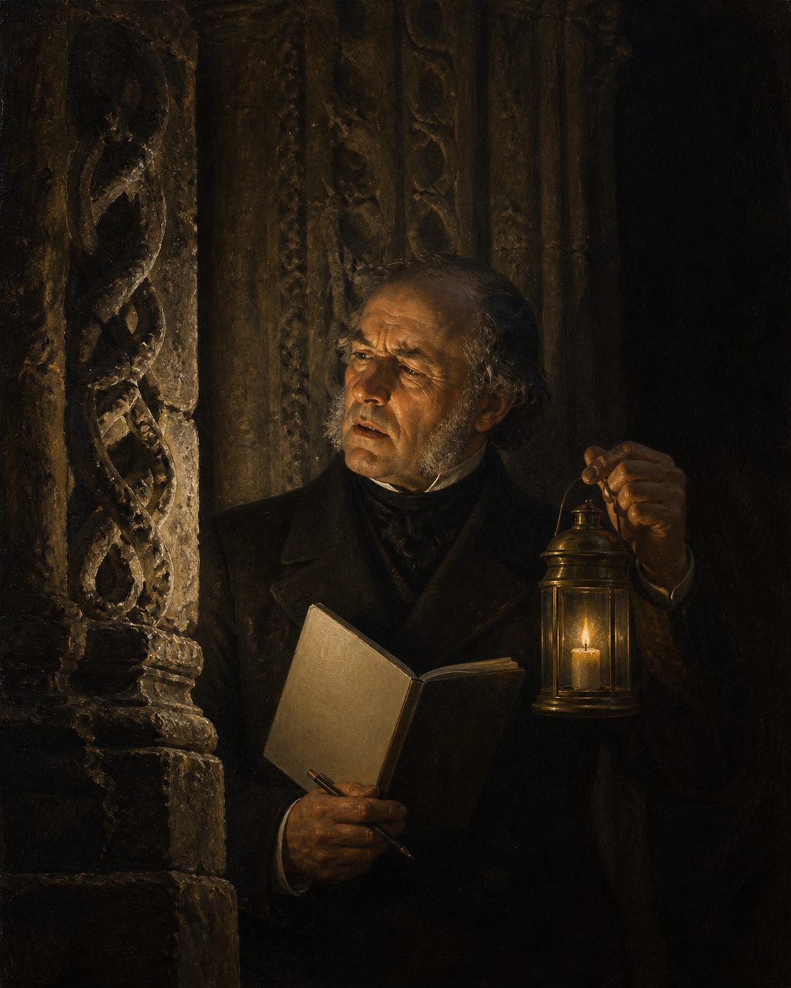 Evocação pintada de uma das tentativas de leitura da divisa do portal, no século XIX. Figura genérica, não retrato: a leitura continua disputada.
