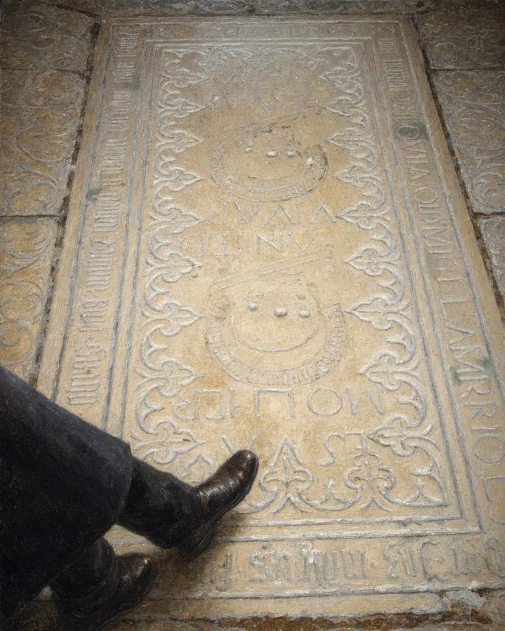 Pintura da campa de Mateus Fernandes, rasa no pavimento da igreja do mosteiro, a partir de uma fotografia real de Georges Jansoone (CC BY 2.5). Está ao fundo dos degraus que descem da porta principal, no chão por onde se entra.