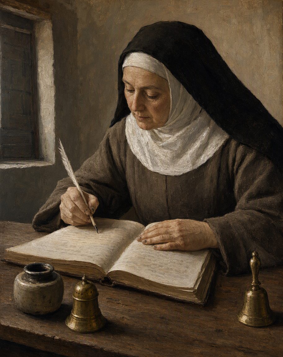 Mariana Alcoforado foi porteira, escrivã e vigária do convento de Beja. Evocação pintada de uma religiosa da época ao trabalho nos registos conventuais — não existe qualquer retrato dela. Pintura.