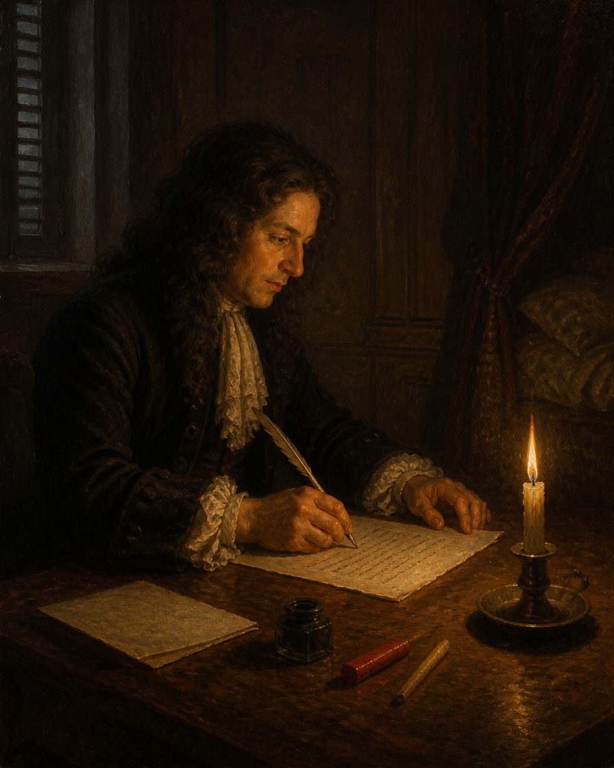O privilégio régio de 1668 nomeia Guilleragues em linguagem ambígua. A leitura maioritária dos investigadores, desde 1926, é que ele escreveu as cartas em vez de as traduzir. Evocação pintada; não é um retrato. Criada por IA.