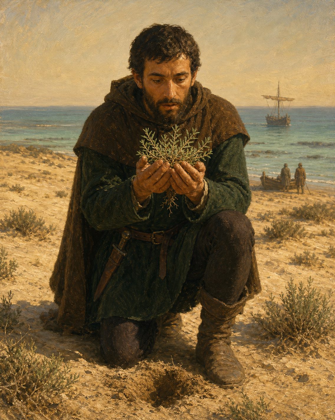 Pintura de um escudeiro a apanhar umas ervas numa costa deserta, evocação de Gil Eanes para lá do cabo, em 1434 (figura genérica, não retrato; que planta era, não se sabe).