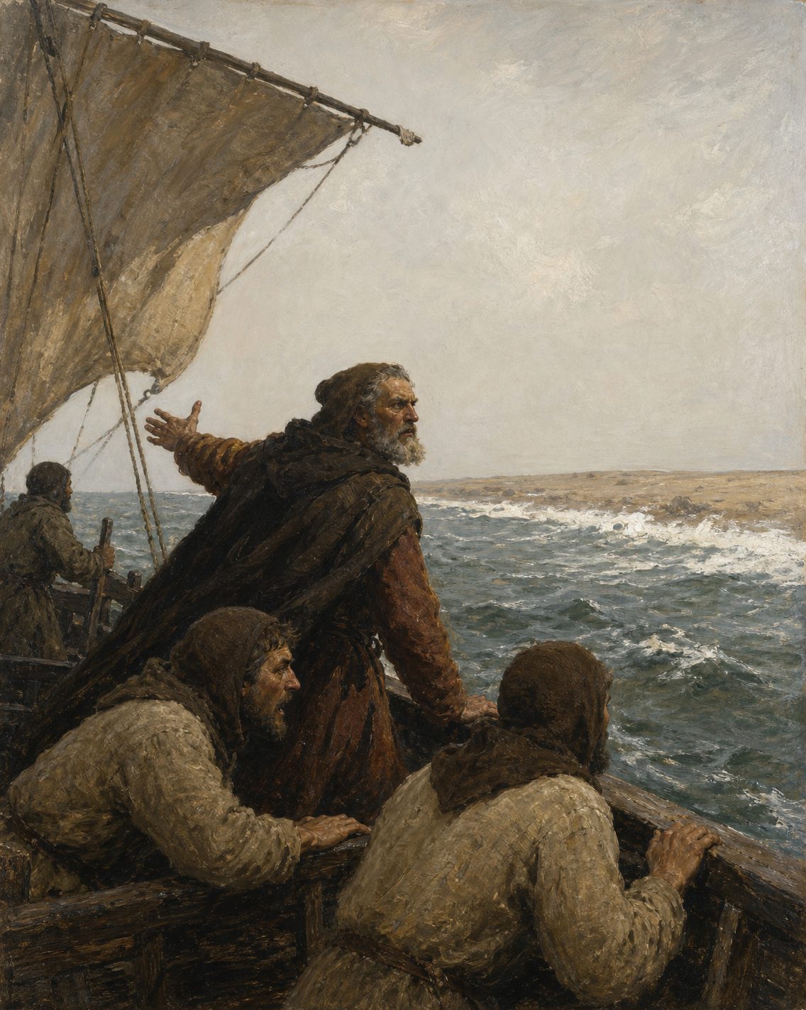Pintura de uma barca a voltar para trás diante de uma costa baixa e de rebentação, evocação dos anos em que nenhum navio do Infante passava o cabo (figuras genéricas).