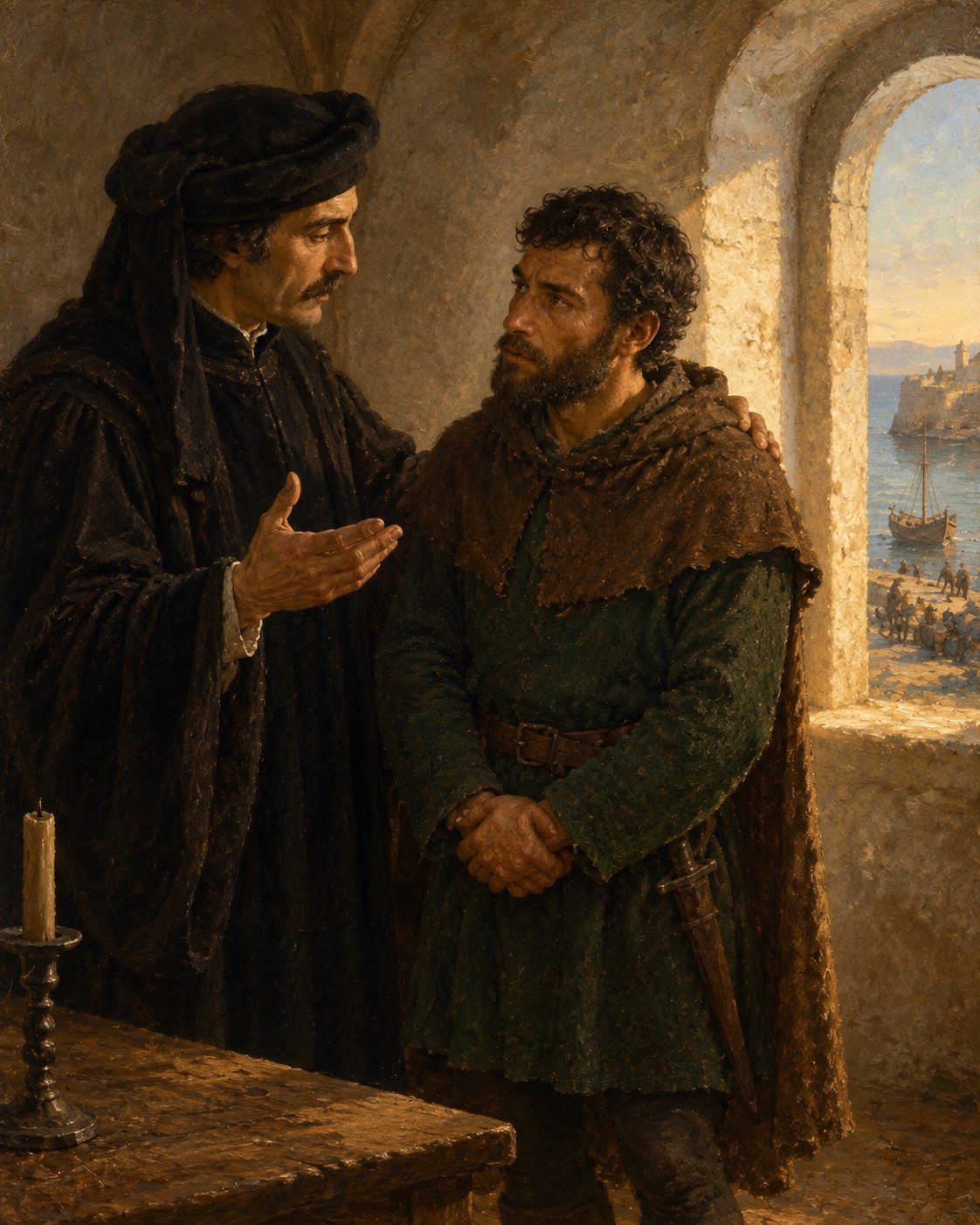 Evocação pintada do Infante D. Henrique a chamar Gil Eanes à parte antes da viagem de 1434 (figuras genéricas, não retratos).
