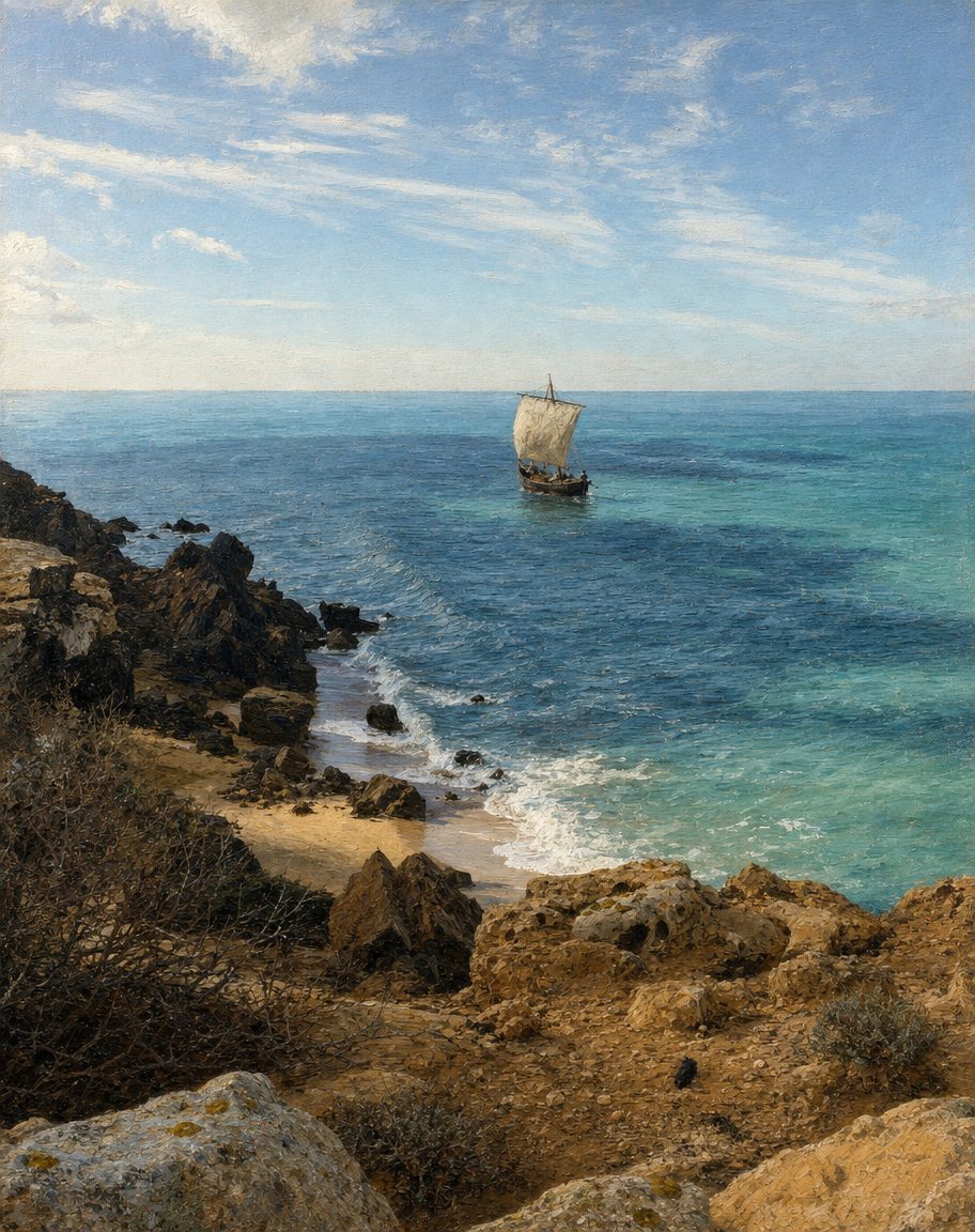 Pintura da costa rochosa junto de Bojador, a sul das Canárias, com uma barca de época sobre águas baixas; se o cabo de 1434 é este ou o Juby, os historiadores divergem. A partir de uma fotografia de Darymaister (CC BY-SA 4.0).