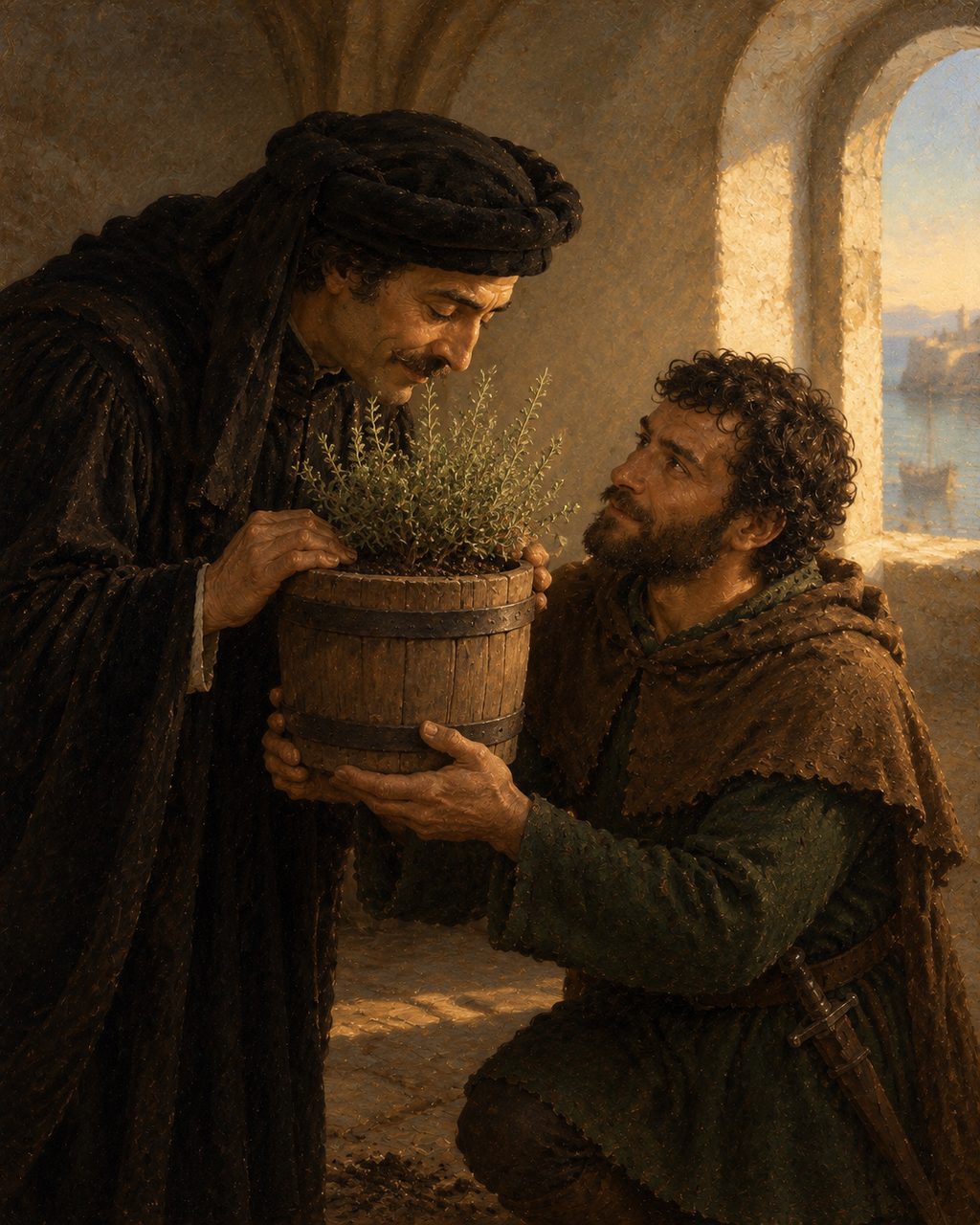 Evocação pintada, segundo João de Barros, do Infante a cheirar as ervas trazidas num barril de terra (figuras genéricas, não retratos).