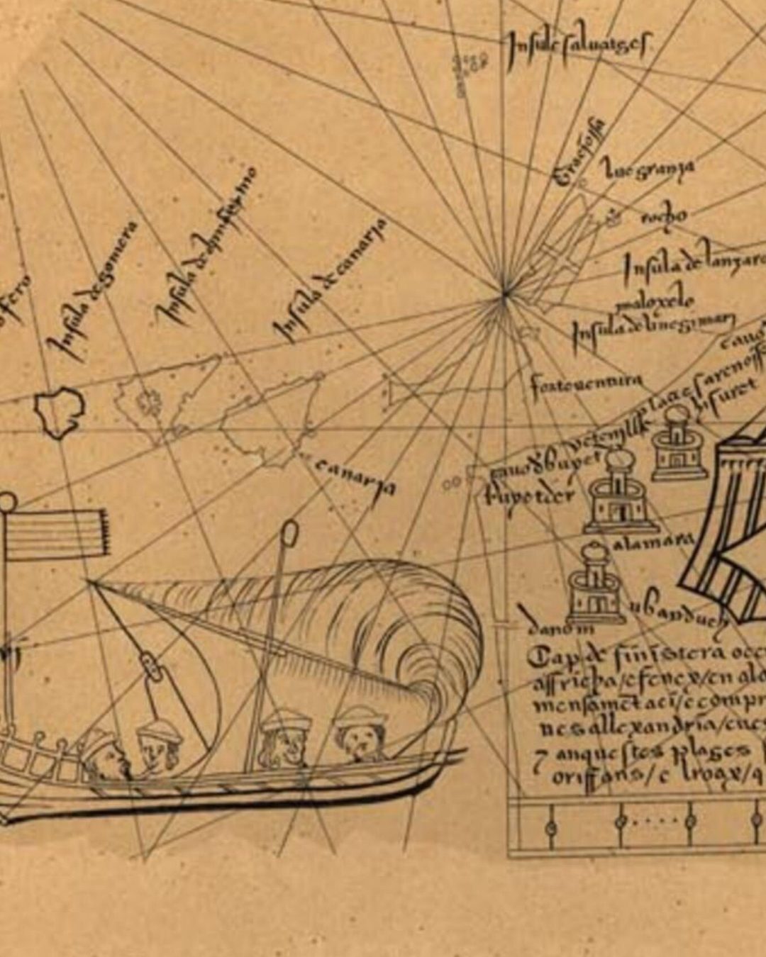 Pormenor do Atlas Catalão de 1375, no fac-símile gravado para o atlas do Visconde de Santarém (Paris, 1841): a costa até ao cabo «buyetder» e, ao largo, o barco de Jaume Ferrer (Biblioteca Nacional de Portugal, domínio público).