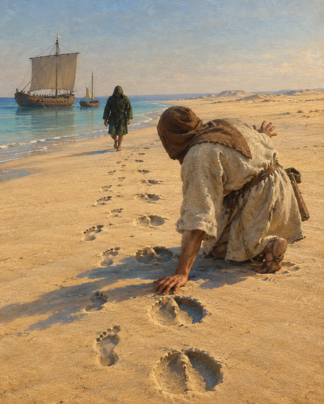 Pintura de marinheiros diante de rastos de homens e de camelos na areia, na viagem seguinte, de Afonso Gonçalves Baldaia e Gil Eanes (figuras genéricas).