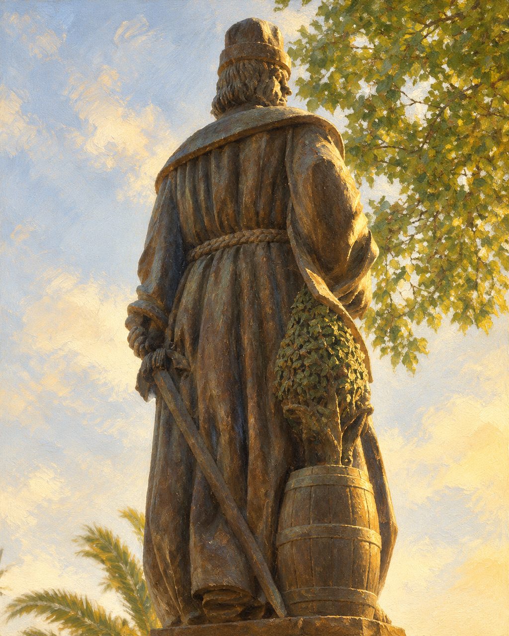 Pintura da estátua de Gil Eanes em Lagos, de Canto da Maia (1969), vista de costas, com o barril e a planta. A partir de uma fotografia de Manuelvbotelho (CC BY-SA 3.0).