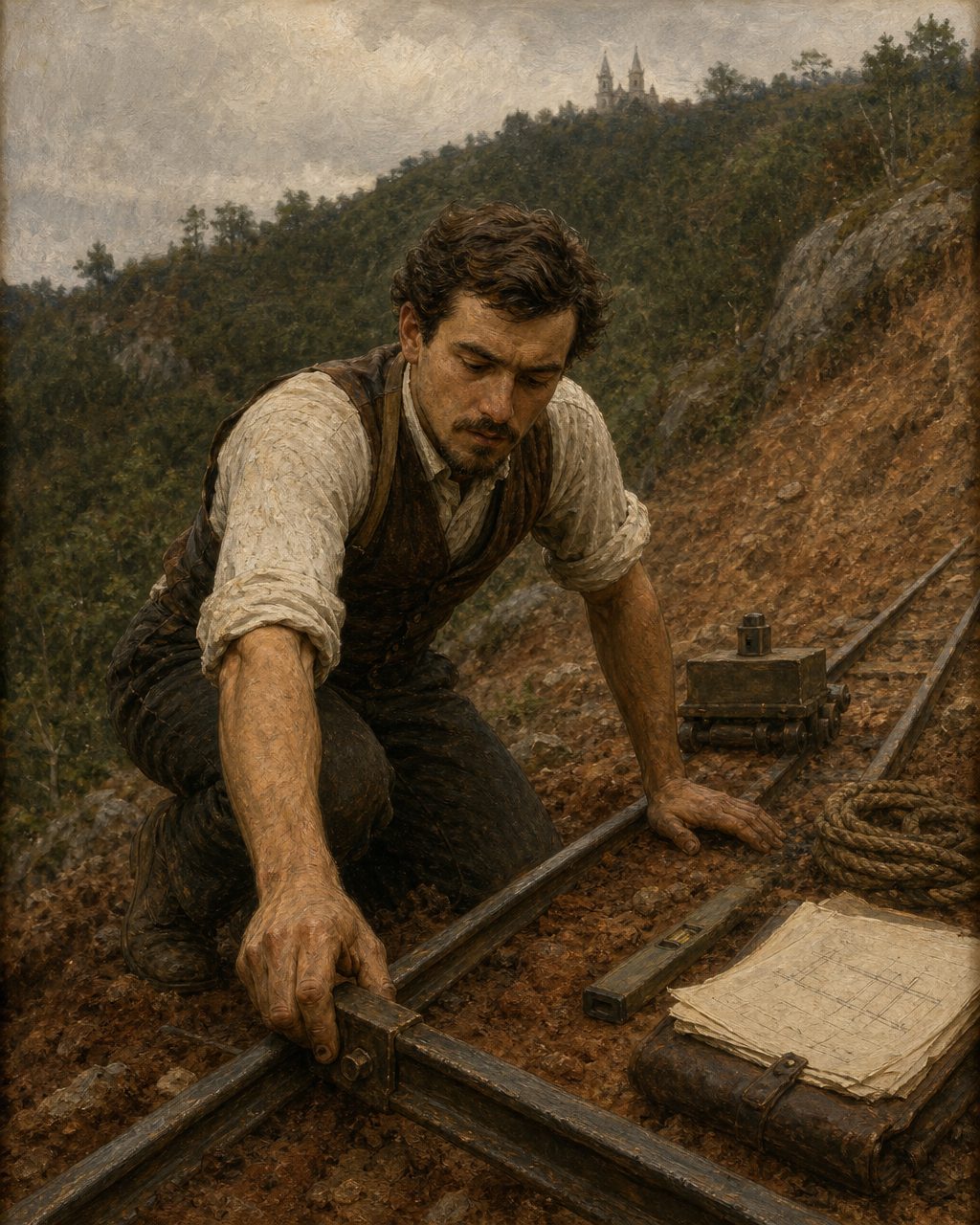 Um desenho, por mais rigoroso que seja, não sobe uma montanha sozinho. Foi o jovem engenheiro luso-francês Raul Mesnier de Ponsard quem, na própria encosta do Bom Jesus, testou as soluções que só existiam até então em papel. Pintura: evocação de época de uma pessoa real, não um retrato fotográfico.