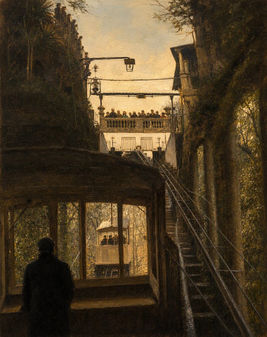 O Elevador do Bom Jesus, o primeiro funicular construído na Península Ibérica e, ainda hoje, o mais antigo do mundo em serviço com contrapeso de água. Pintura a partir de uma fotografia real do local (Adelino silva 1967, CC BY-SA 4.0), com a luz alterada; a estrutura é a da fotografia.