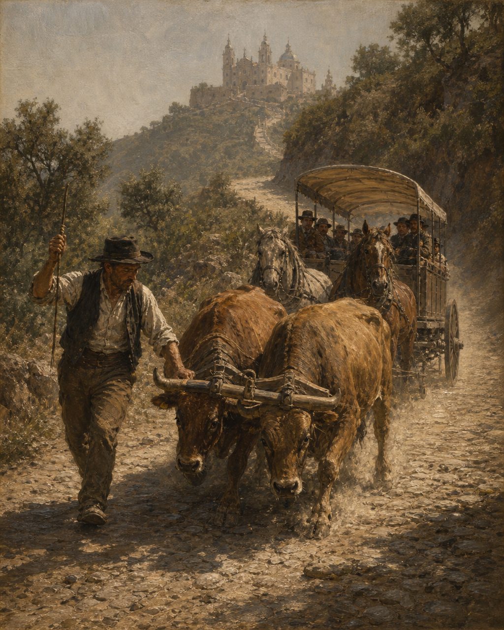 Antes do elevador havia bois. Nos dias de maior movimento, a subida ao santuário era demasiado íngreme para os cavalos sozinhos dos «americanos» de Braga. Pintura: cena de época imaginada, figuras genéricas.
