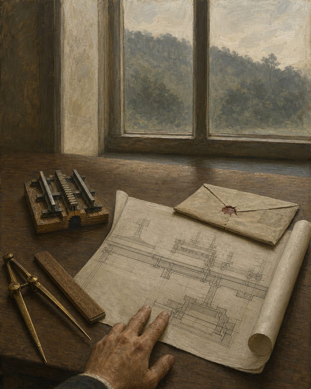 O projeto foi desenhado na Suíça, pelo engenheiro Niklaus Riggenbach, que enviou por correio todas as indicações necessárias, sem nunca visitar a encosta que o receberia. Pintura: natureza-morta imaginada.