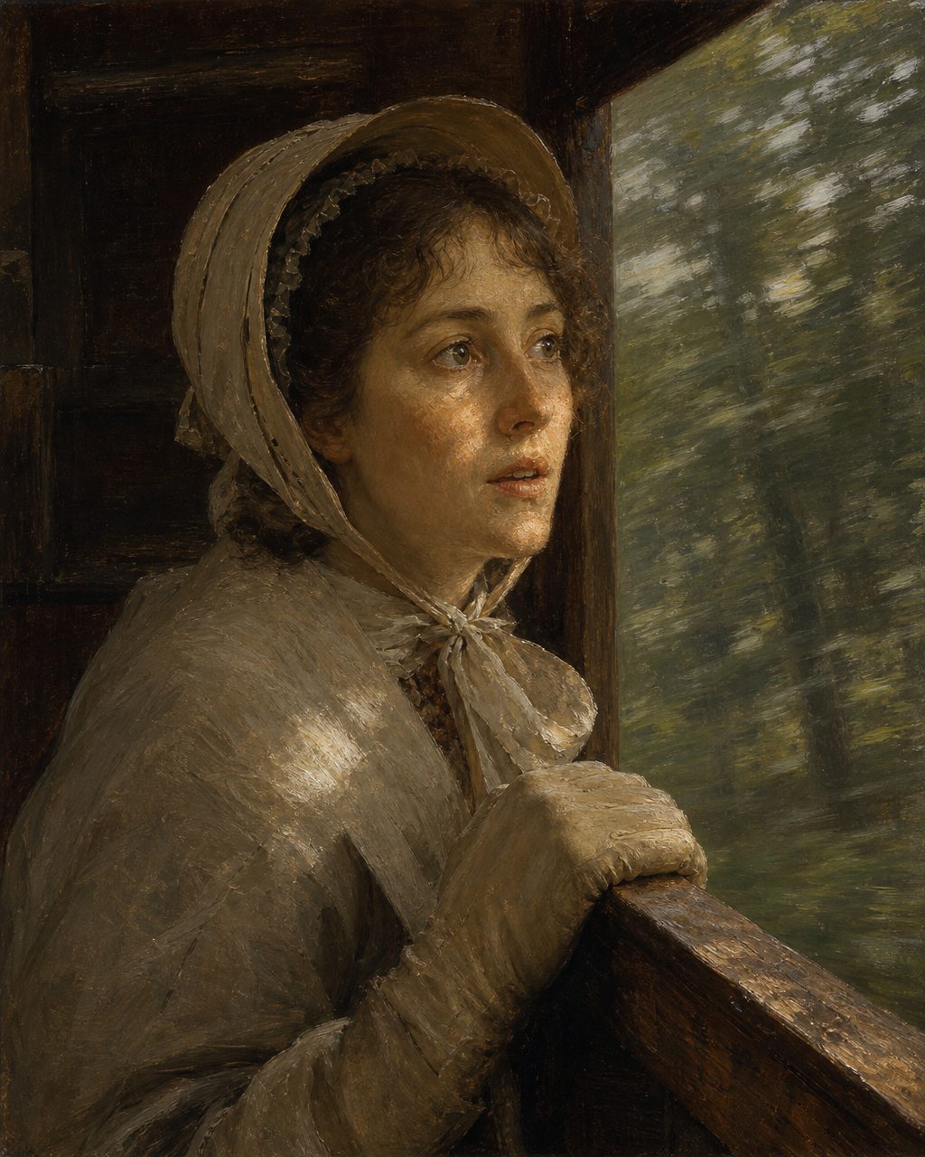 Todos os dias, das oito às vinte horas, de meia em meia hora, alguém sente ainda hoje o mesmo movimento sem motor que se sentia em 1882. Pintura: figura genérica de época, não retrato de pessoa real.