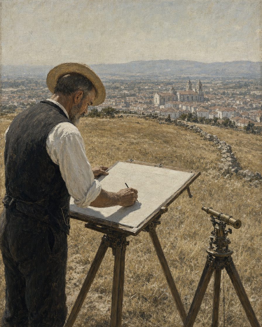Em 1883-84 o engenheiro Francisco Goullard levantou a planta de Braga. As linhas do relevo que se apertam no alto da colina são o declive da bancada mais alta do teatro: mediu-lhe a forma sem saber que a estava a medir. Pintura. figura genérica, não retrato.