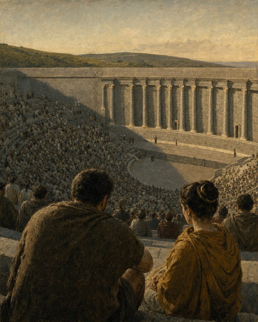 Reconstituição interpretativa, pintura. Os arqueólogos calculam, a partir da área das bancadas, que ali coubessem entre quatro mil e quatro mil e quinhentos espetadores. A frente do palco era de granito, com mármore importado usado pontualmente.