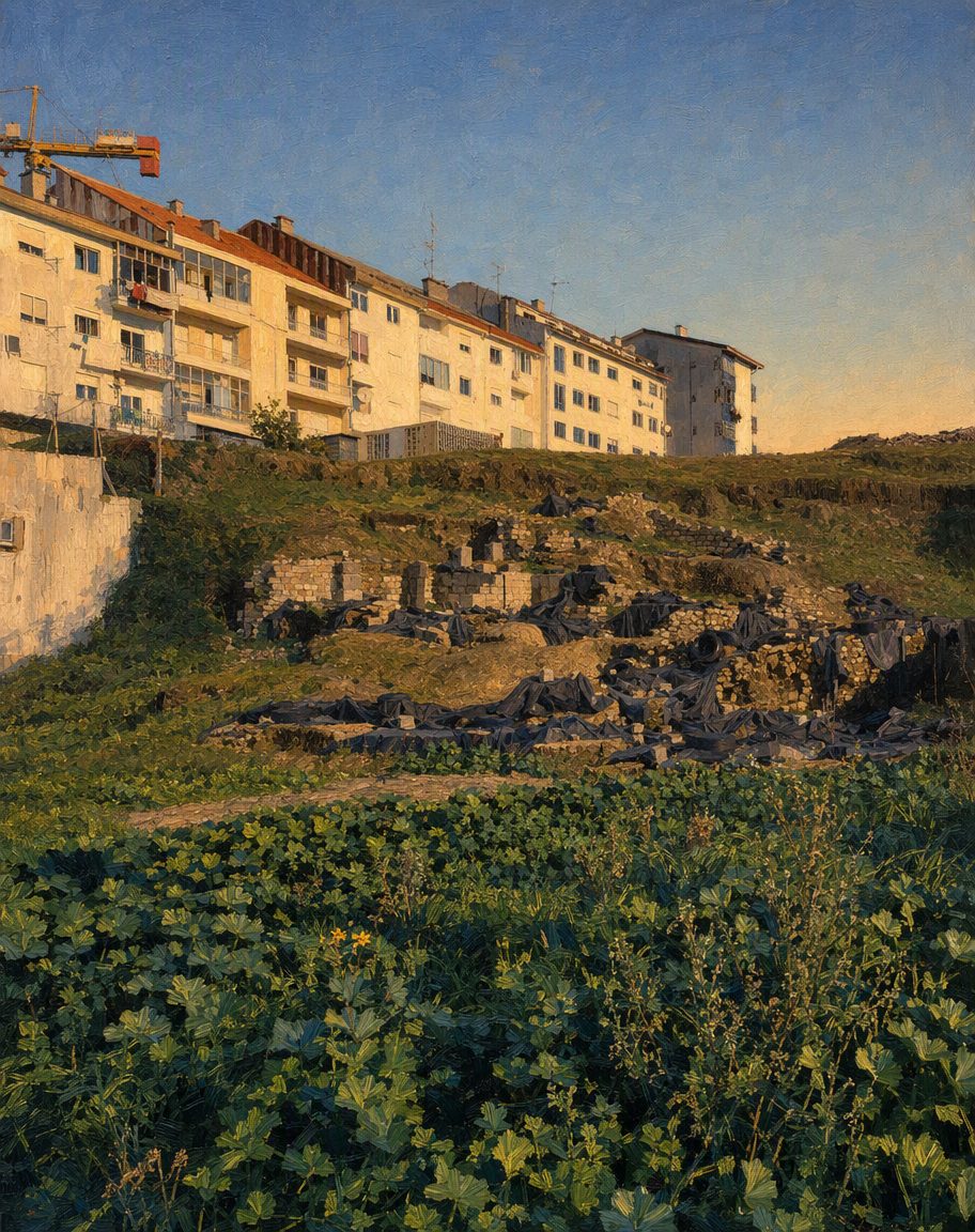 O Alto da Cividade: as pedras do teatro sob telas de proteção, e a cidade em cima. Pintura a partir de uma fotografia real do sítio (Joseolgon, 2020, CC0), com a luz mudada para o fim da tarde; a estrutura do terreno e os edifícios são os da fotografia.