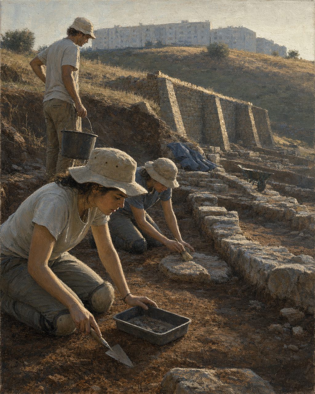 Desde 2007 a colina é estação-escola: são os alunos de Arqueologia da Universidade do Minho que ali voltam, verão após verão. Pintura. figuras genéricas.
