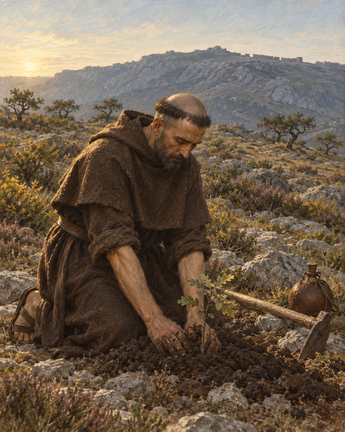 Evocação pintada de fr. João Baptista, natural de Silves, que segundo o Agiológio Lusitano viveu treze anos no deserto do Buçaco «plantando por suas proprias mãos grandissima quantidade de arvores». Figura genérica, não retrato.