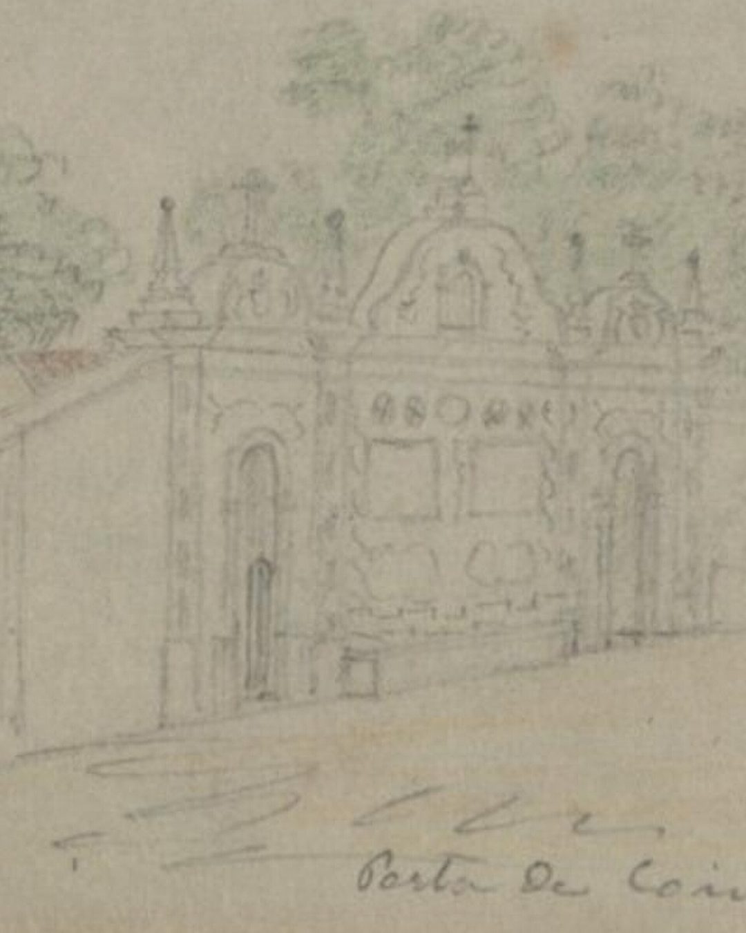 «Porta de Coimbra, no Bussaco», a antiga portaria principal da mata, em desenho a lápis de L. Mendes datado de 16 de setembro de 1871. Ao centro do painel, as duas lápides. (Biblioteca Nacional de Portugal, domínio público.)